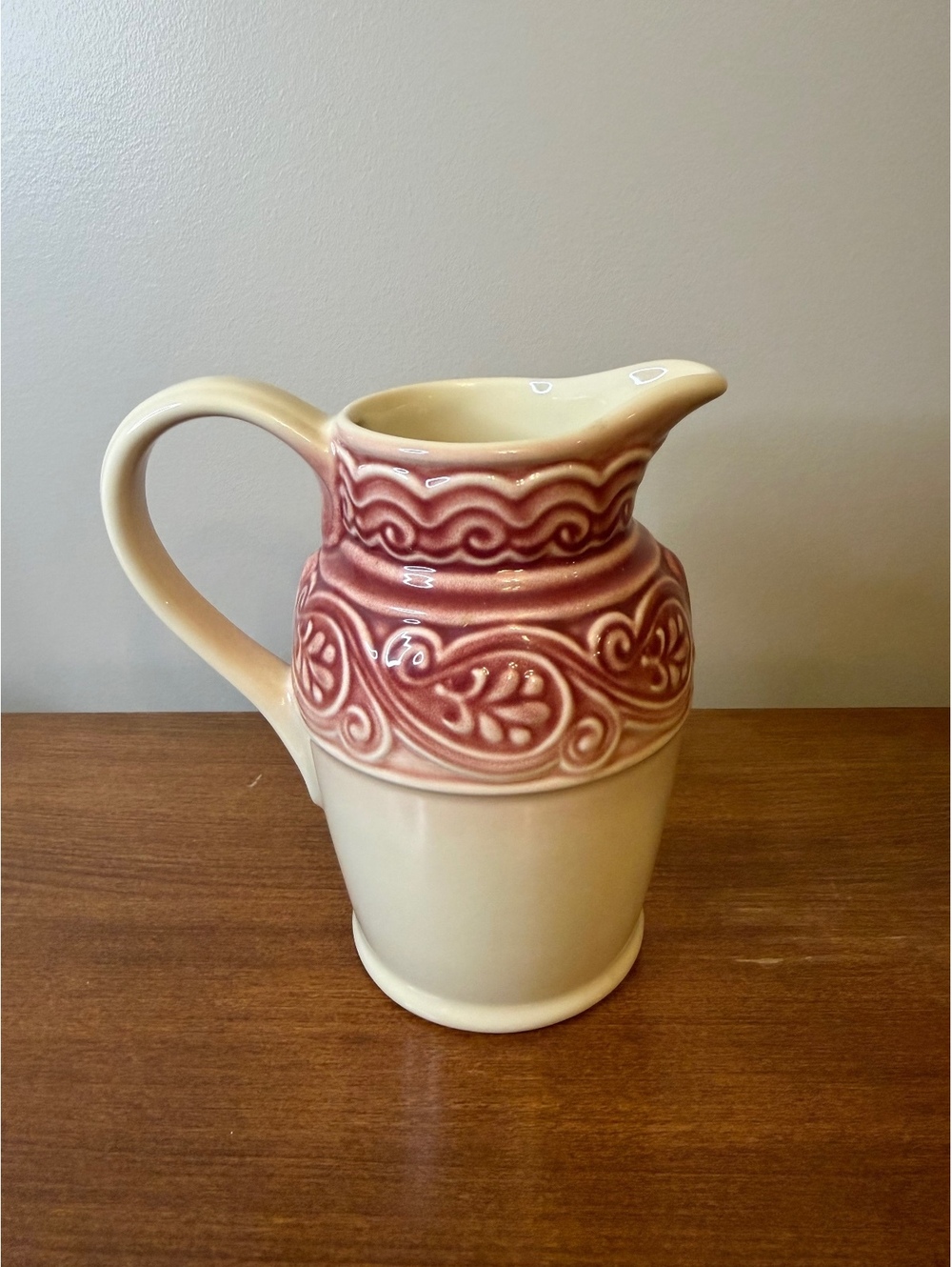Longaberger Pottery Pitcher with paisley/scroll design